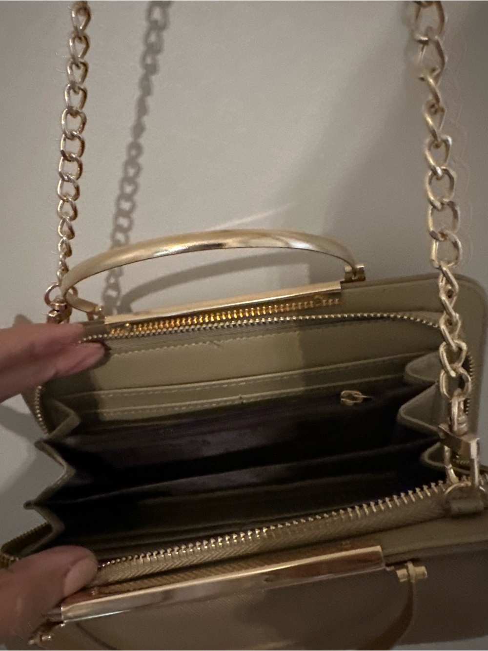 Faux Leather Top Handle Crossbody Clutch Taupe Gold Chain Structured Mini Bag - Picture 5 of 11
